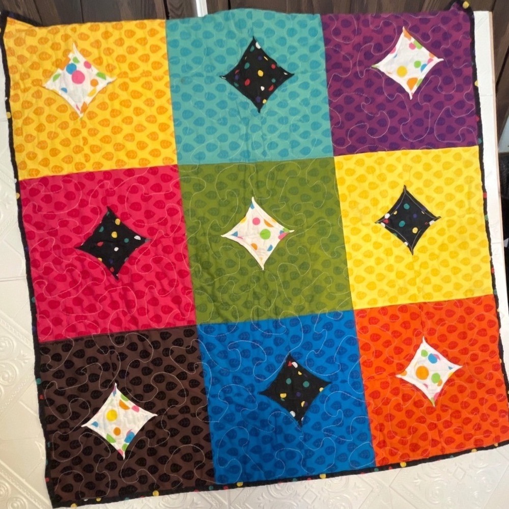 Handmade Patchwork Baby Quilt Rainbow Polka Dot Print 41.5in‎ Square